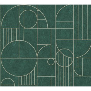 Opalgrüne Vliestapete mit geometrischem Muster in Goldoptik. Dekorative Tapete mit Glanz und leichter Struktur.