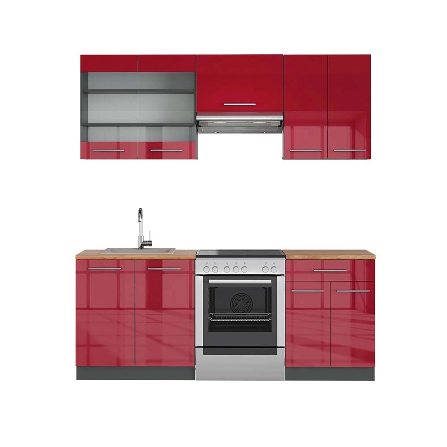 Vicco Fame-Line Küchenzeile Bordeaux Hochglanz/Anthrazit 200 cm AP Eiche günstig online kaufen