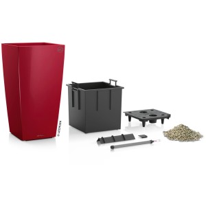 Lechuza Cubico Premium Pflanzsäule, 50 cm, Scarlet Rot, mit Bewässerungssystem und Zubehör.