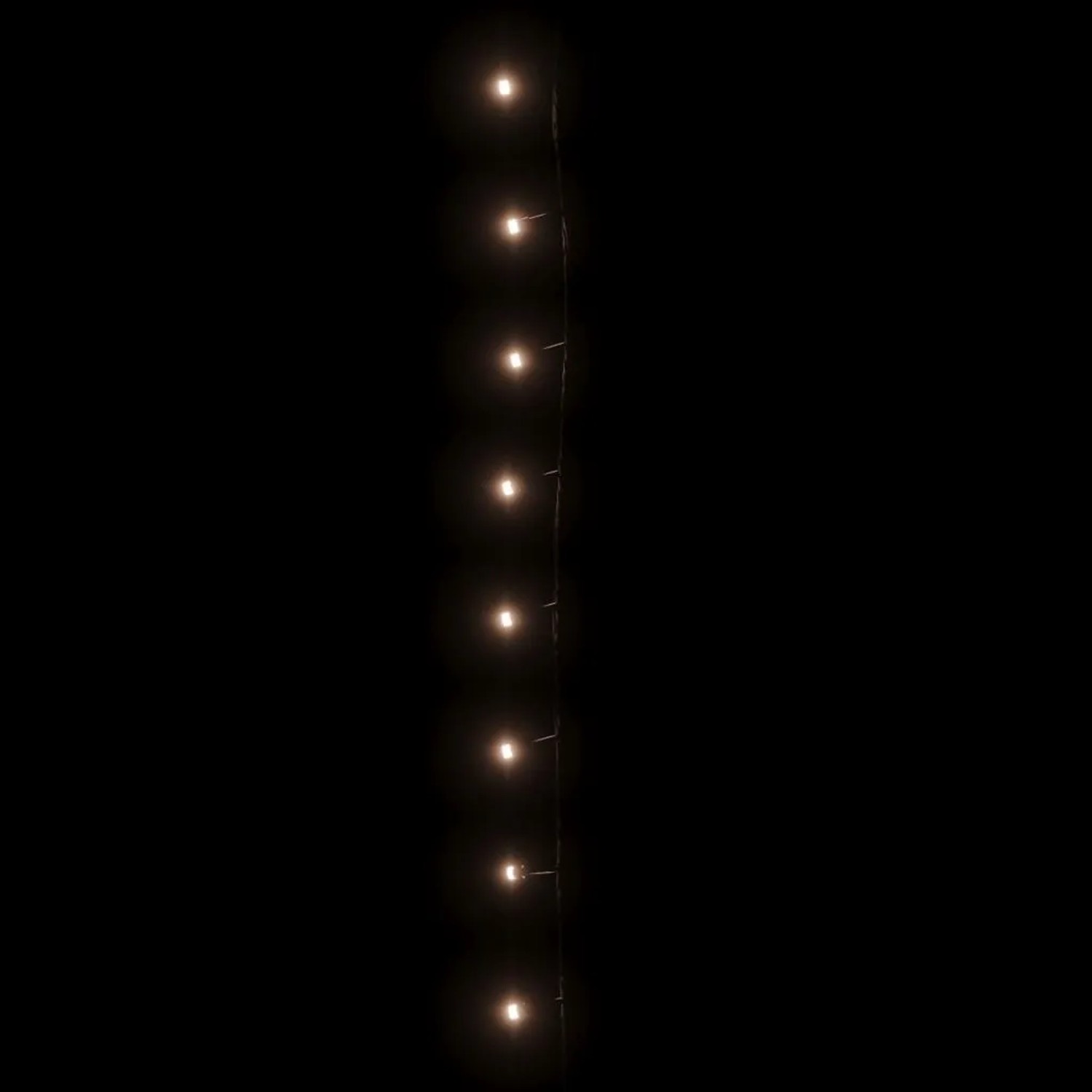 Warmweiße LED-Lichterkette mit leuchtenden LEDs auf dunklem Hintergrund. Außen-Lichterkette für festliche Dekoration.