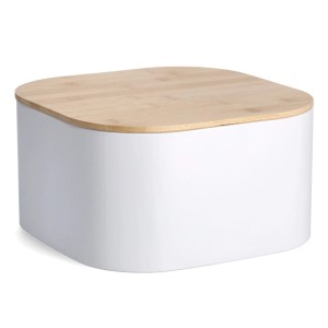 Weißer Zeller Brotkasten aus Metall mit Bambusdeckel. Quadratische Form, Küchenhelfer.