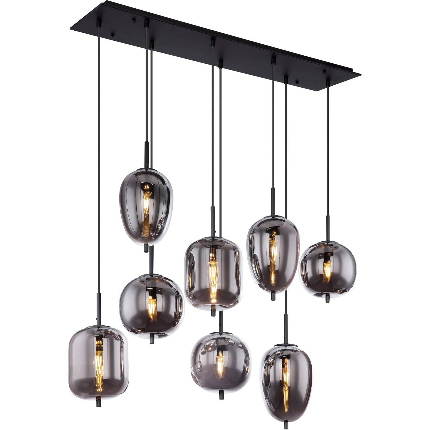 Globo Blacky Pendelleuchte, 8-flammig, schwarz mit rauchfarbenen Gläsern.