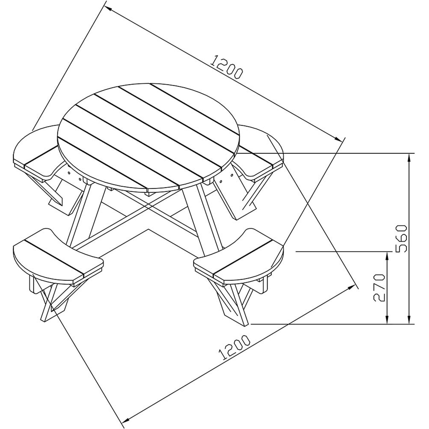 Skizze des runden Axi UFO-Picknicktischs Regenbogen, 120x120x56 cm, aus Holz mit Maßen.