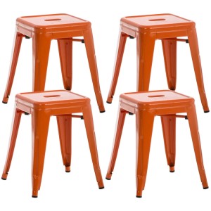 Vier orangefarbene CLP Hocker Armin aus Metall, quadratisch, stapelbar. Robustes 4er Set.