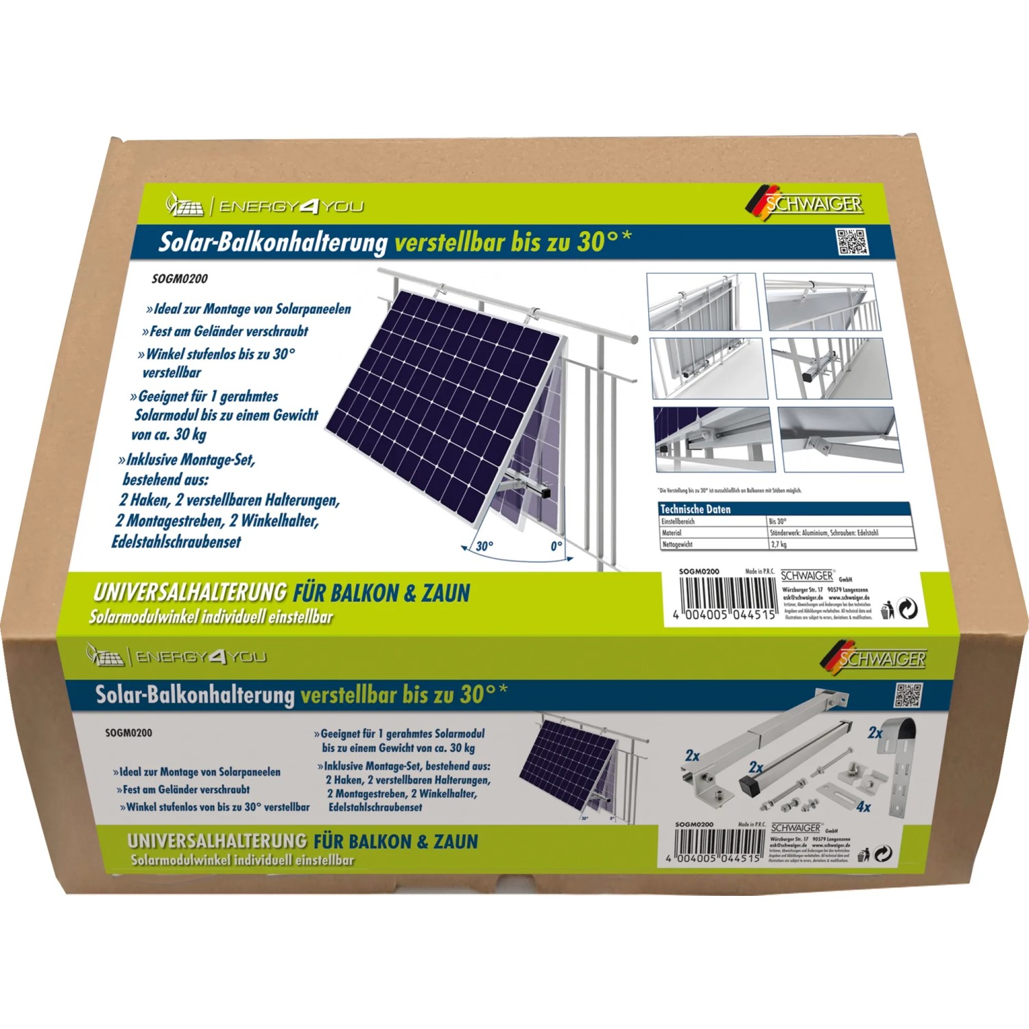 Schwaiger Geländer-Montage Set für Balkonkraftwerk, geeignet für 1 Solarmodul bis 30 kg.