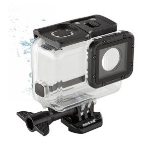 Mantona Unterwassergehäuse für GoPro Hero 5/6/7 Black, transparent mit schwarzem Rahmen und Halterung.