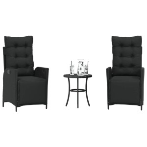 Schwarzes 3-tlg. Bistro-Set aus Polyrattan mit Kissen für Garten, Terrasse oder Balkon.