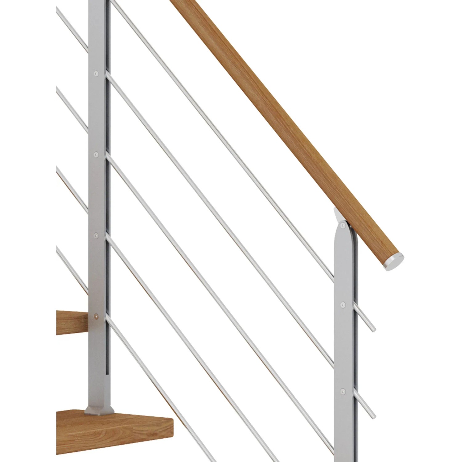 Detailansicht: Dolle Mittelholmtreppe Hamburg Eiche, perlgraues Geländer mit Edelstahlstäben und Holzhandlauf.