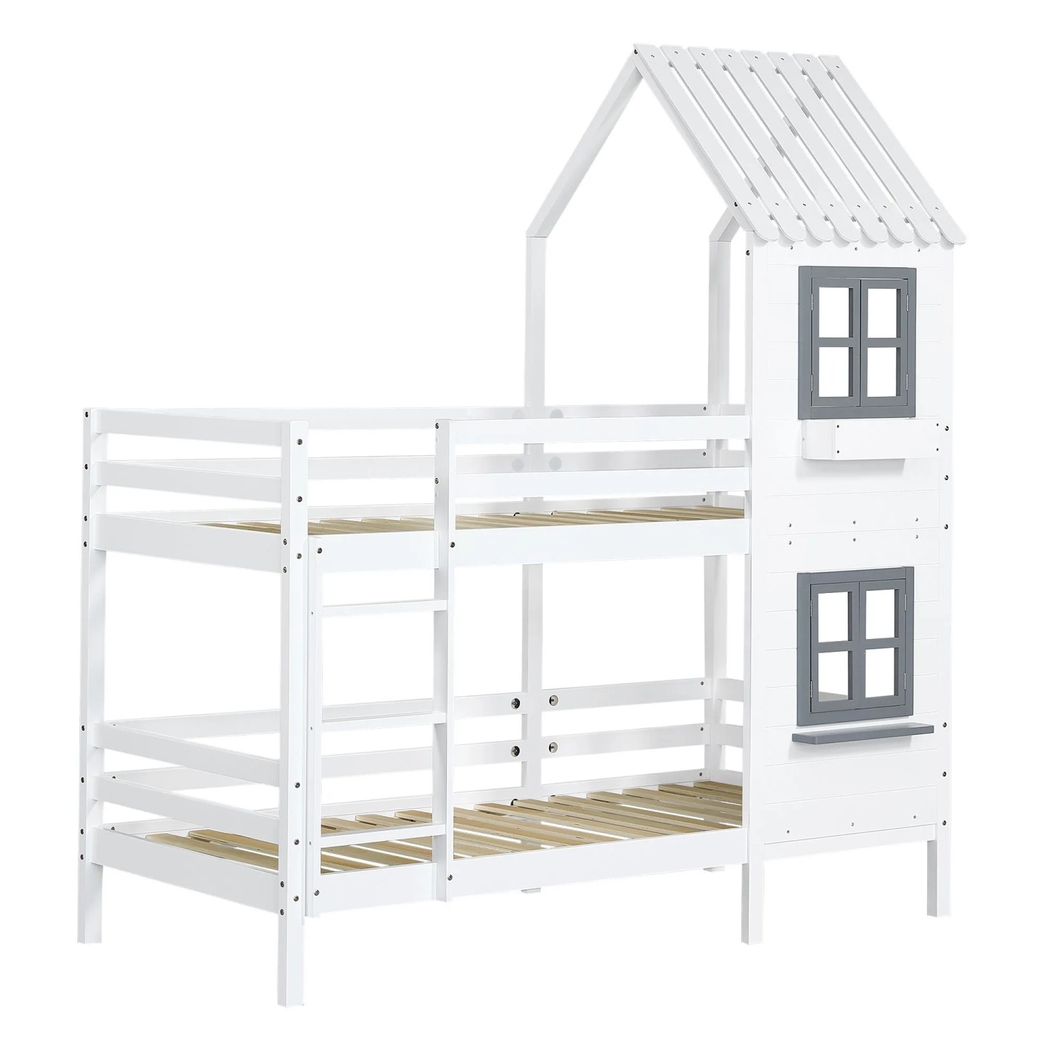 okwish Haus Etagenbett 90x200cm mit Fenster Handlauf und Fallschutz Weiß ohne Matratze