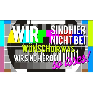 Dekopanel mit Sprüchemotiv "Wünsch Dir Was", 27x15cm, im Stil eines Testbilds mit Schrift.