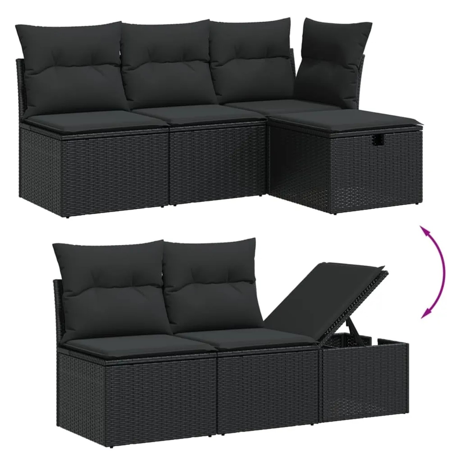 Schwarze 5-tlg. vidaXL Garten-Sofagarnitur aus Poly Rattan mit Kissen und Stauraum.
