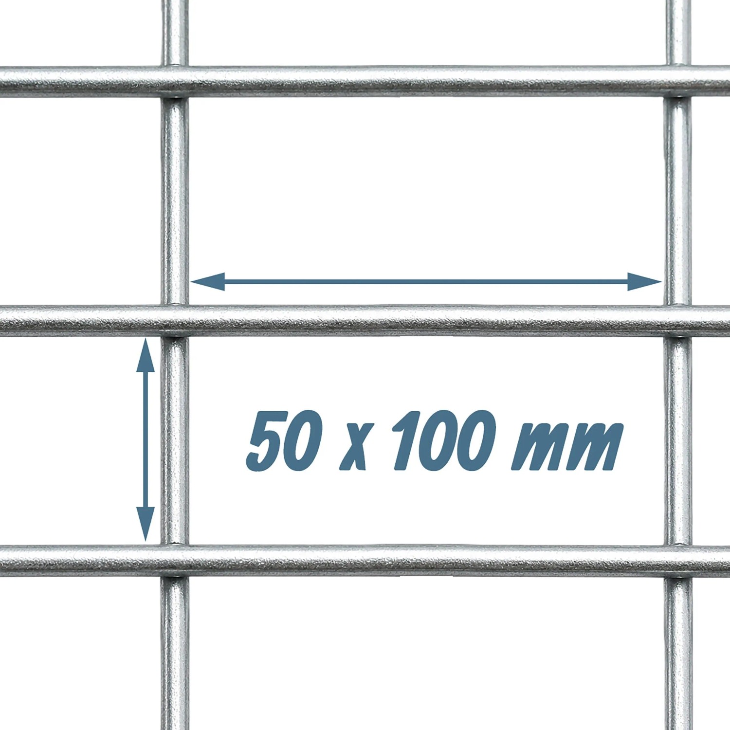 Feuerverzinktes Gabionen-Drahtgitter in Silber, Detailansicht der Maschenweite 50 x 100 mm.