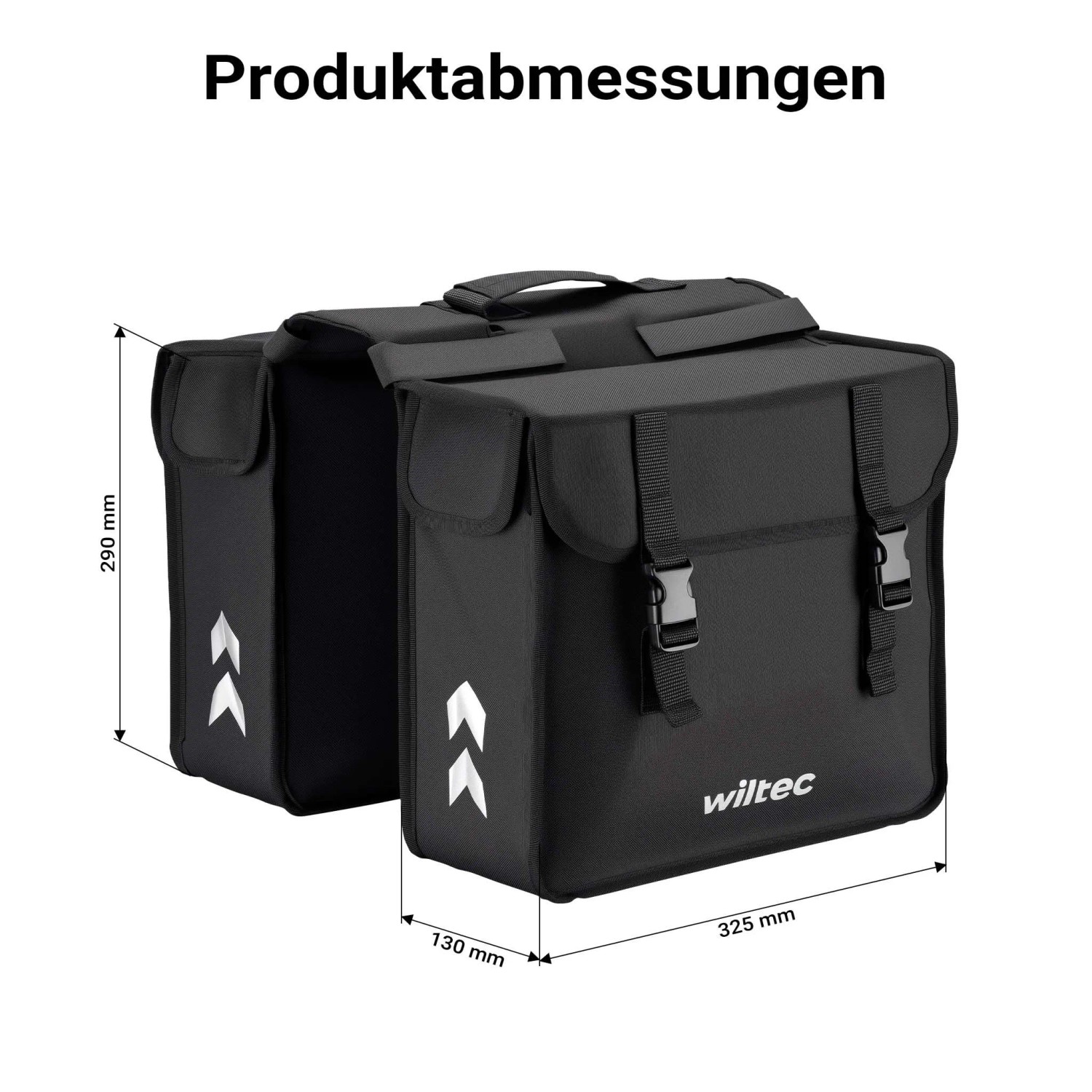 Wiltec Doppel Gepäckträgertasche schwarz, 30L Volumen. Mit reflektierenden Pfeilen und Schnallen, wasserresistent.