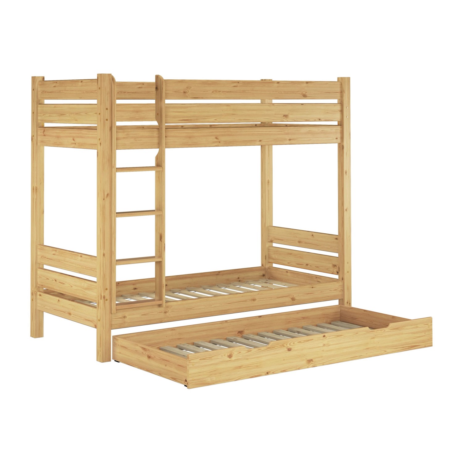Stabiles Etagenbett aus Kiefernholz mit Rollrost und Bettkasten, 90x200 cm.