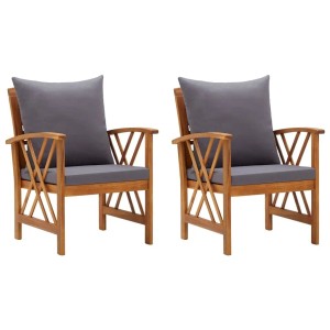 2er Set Gartenstühle aus Akazienholz mit grauen Kissen. Bequeme Outdoor-Stühle für Garten und Terrasse.
