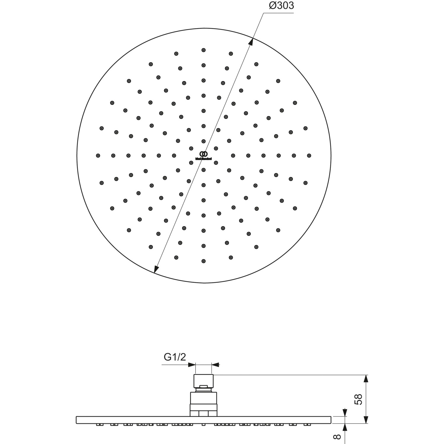 Technische Zeichnung: Ideal Standard Idealrain Atelier Kopfbrause, rund, Ø300mm.