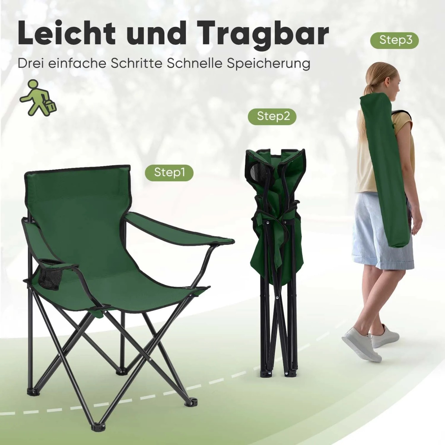 Sunula Campingstuhl, grün, mit Getränkehalter: Aufgebaut, gefaltet und transportbereit dargestellt.