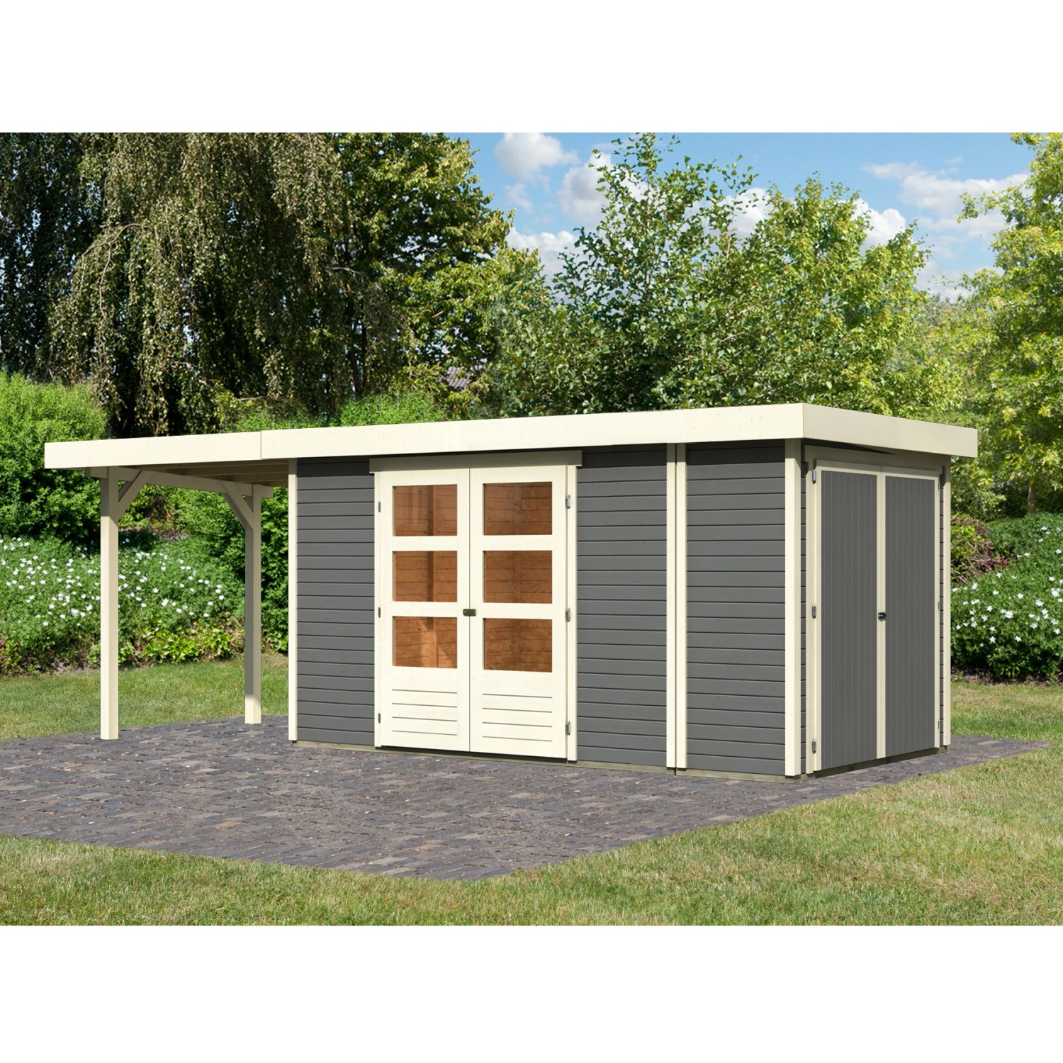 Karibu Gartenhaus Set Retola 5 Terragrau mit Anbaudach 240 cm Breit 6,35 m² günstig online kaufen