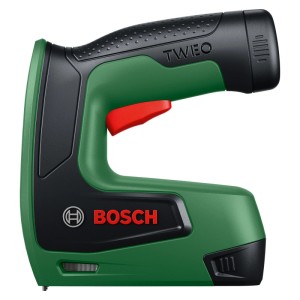 Grüner Bosch Akku-Tacker Tweo mit schwarzem Griff und rotem Auslöser. Kompaktes Akkugerät für Befestigungsarbeiten.