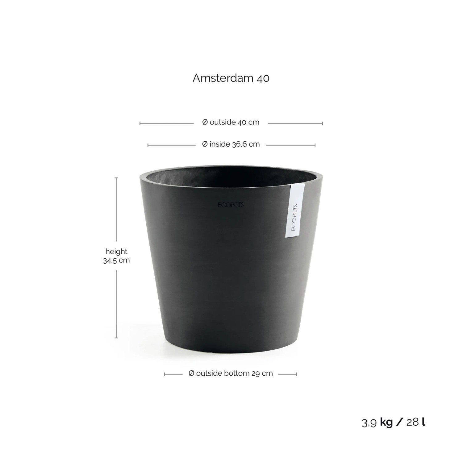 Ecopots Pflanztopf Amsterdam, dunkelgrau, Ø 40 cm, Höhe 35 cm, runde Form.