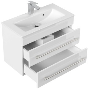 Posseik Badmöbel Portus 700 SlimLine, weiß hochglanz, mit Keramikwaschbecken und zwei offenen Schubladen.