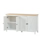 Weißes Merax Sideboard mit heller Holzplatte, 4 Türen mit X-Design. Offene Fächer zeigen Stauraum. Wohnzimmerschrank.