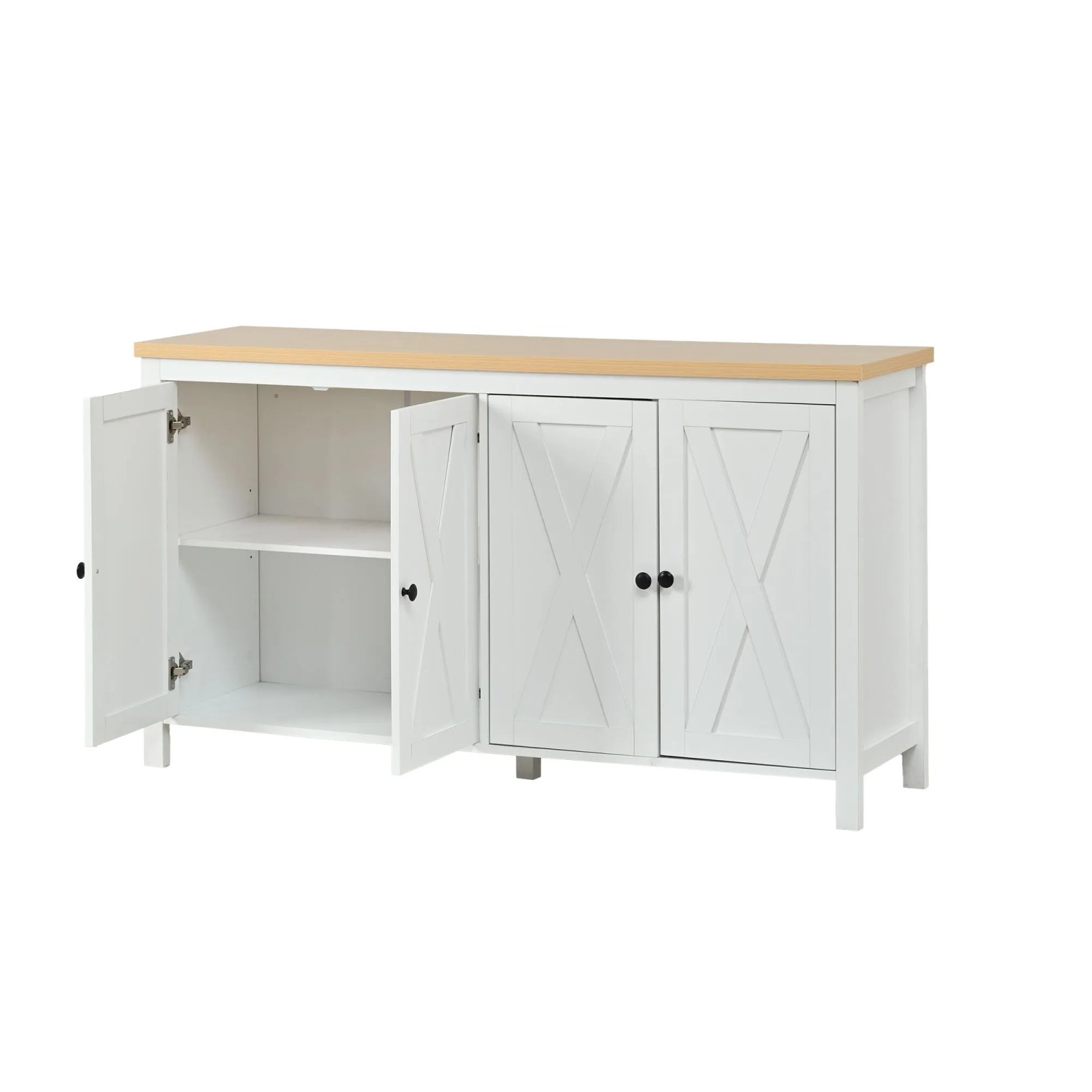 Weißes Merax Sideboard mit heller Holzplatte, 4 Türen mit X-Design. Offene Fächer zeigen Stauraum. Wohnzimmerschrank.