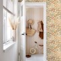 ESTAhome Vliestapete mit Blumen- und Vogelmuster in Orange, Graugrün. Dekorative Tapete im hellen Flur mit Tür.