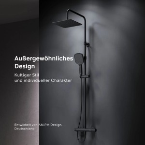 Schwarzes AM.PM Duschsystem Play mit Thermostat, Regendusche und Handbrause.