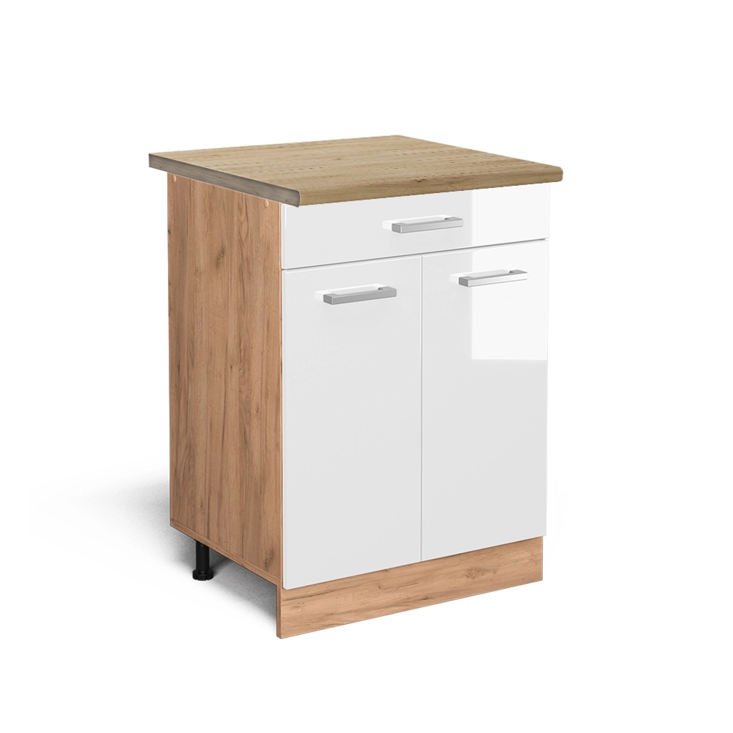 Vicco Küchenunterschrank R-Line Weiß Hochglanz/Goldkraft Eiche 60 cm mit Schublade AP Eiche