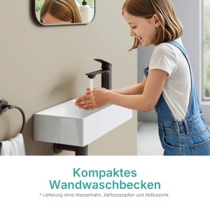Kompaktes weißes Keramik Wandwaschbecken (38x22cm) mit schwarzem Wasserhahn, Kind wäscht Hände. Ideal für Gäste-WC.