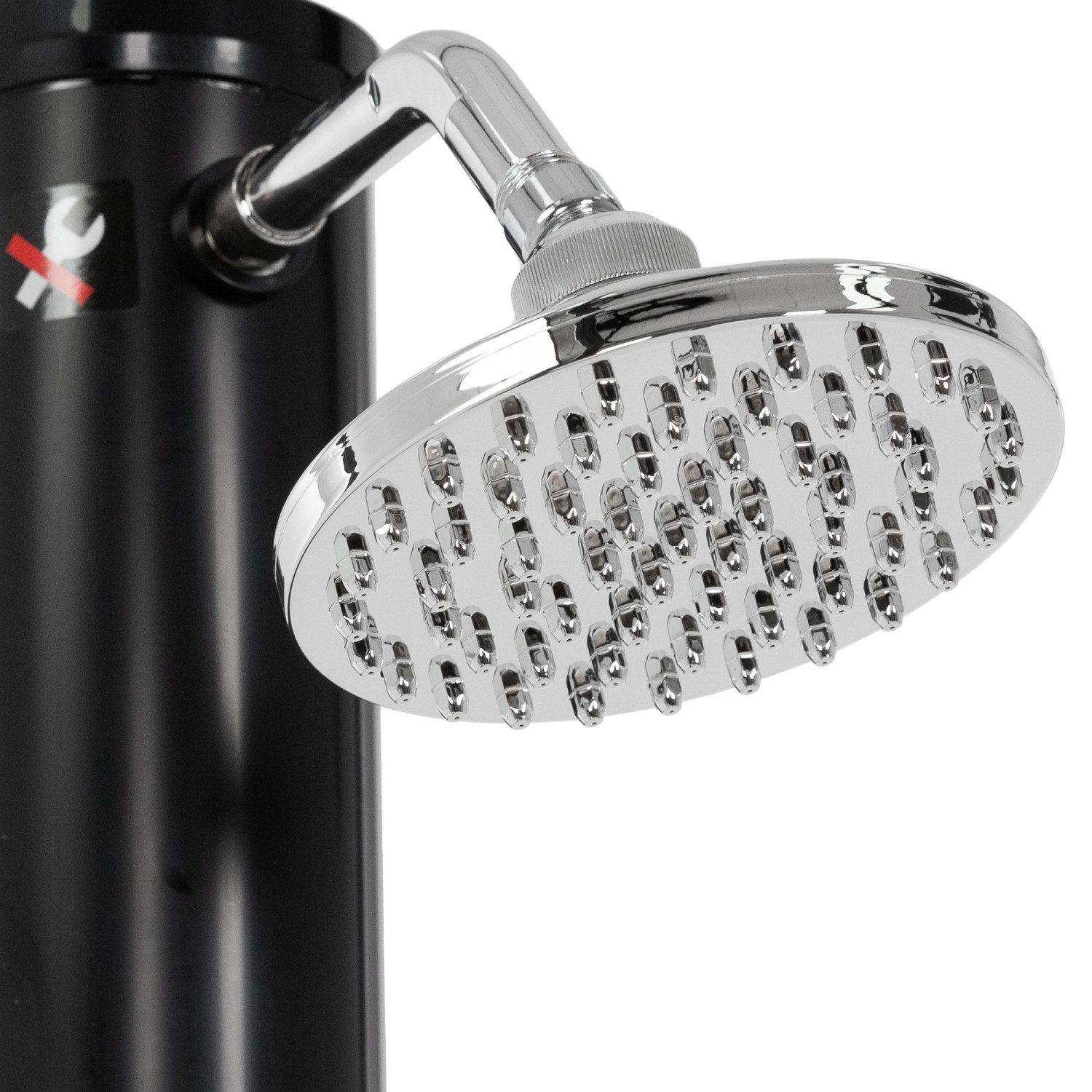 Schwarze ML-Design Solardusche mit Regenduschkopf und Fußdusche, 210 cm hoch.