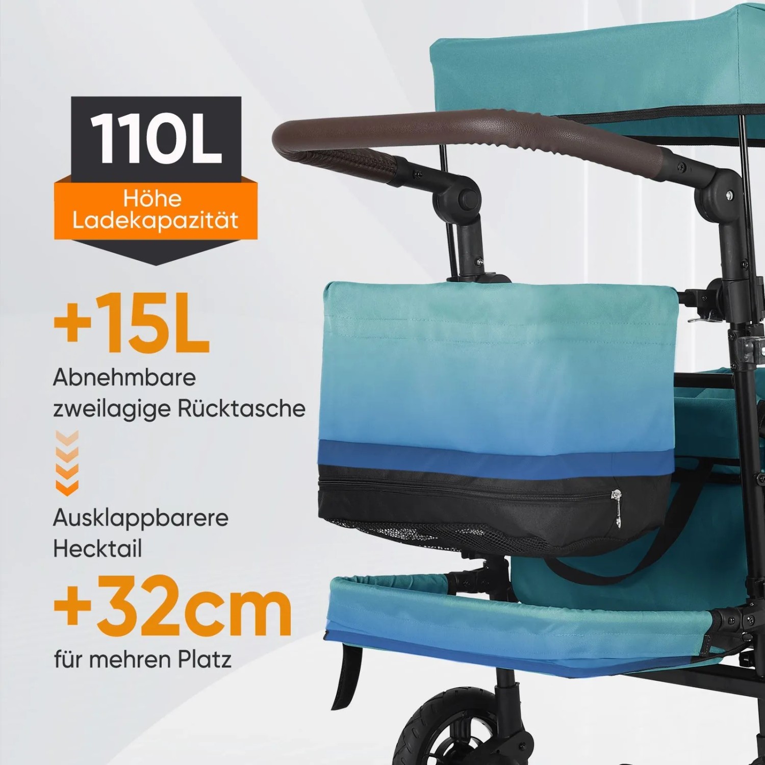 Sekey Bollerwagen blaugrün mit Dach, Hecktasche und verstellbarem Griff. Ideal für Camping und Ausflüge.