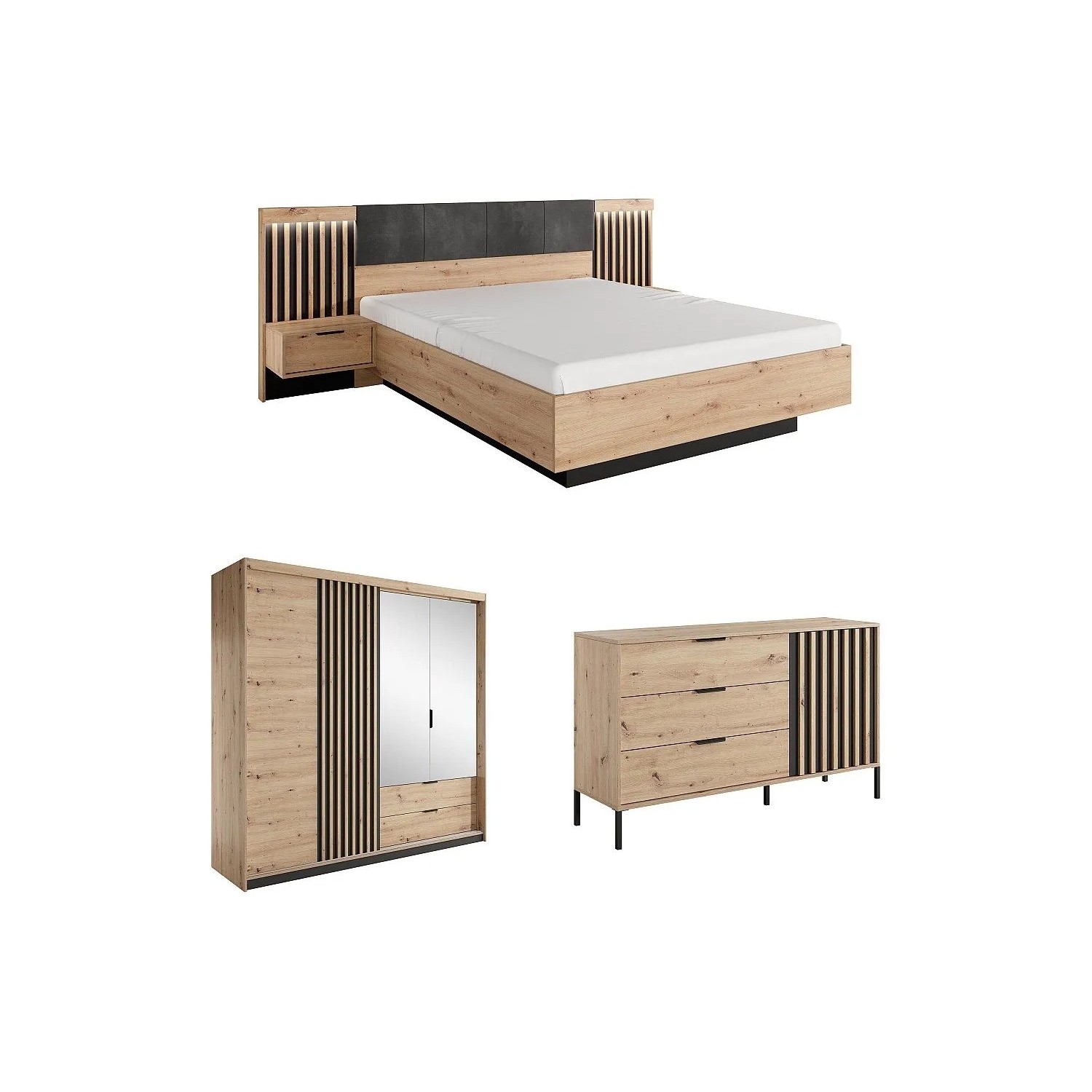 Vente-unique Schlafzimmer Komplett Ariada Schwarz  Naturfarben Hell 163.2 cm