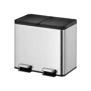 Rechteckiger PROREGAL Treteimer aus Edelstahl, 20 Liter, mit zwei Fächern und Soft-Close Deckel.