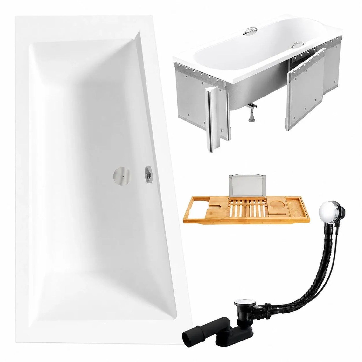 KOLMAN Eckbadewanne Links 150 x 85 cm mit Styroporverkleidung mit Bambus Badewannenablage inkl. Ablauf und Füße