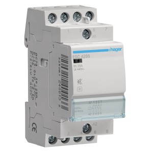 Hager Installationsschütz, 4-polig, 25A, für Leitungsschutz, mit Anzeigefenster und Beschriftungsfeld.