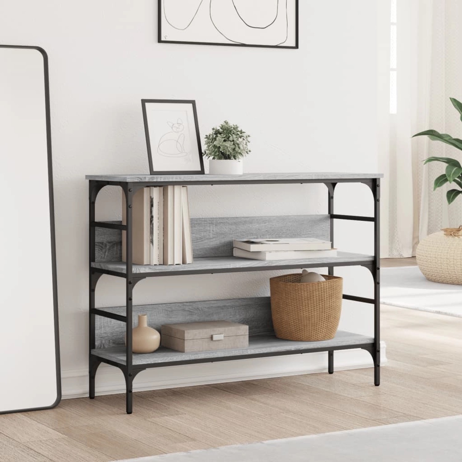 vidaXL Konsolentisch Grau Sonoma, 100x32x75 cm, mit drei Ablagen und schwarzem Metallrahmen.