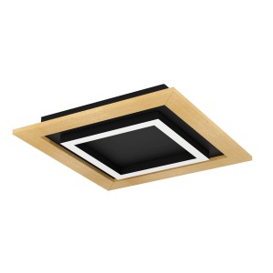 Quadratische Eglo LED-Deckenleuchte Tirrenara in Schwarz mit Holzrahmen, dimmbar.
