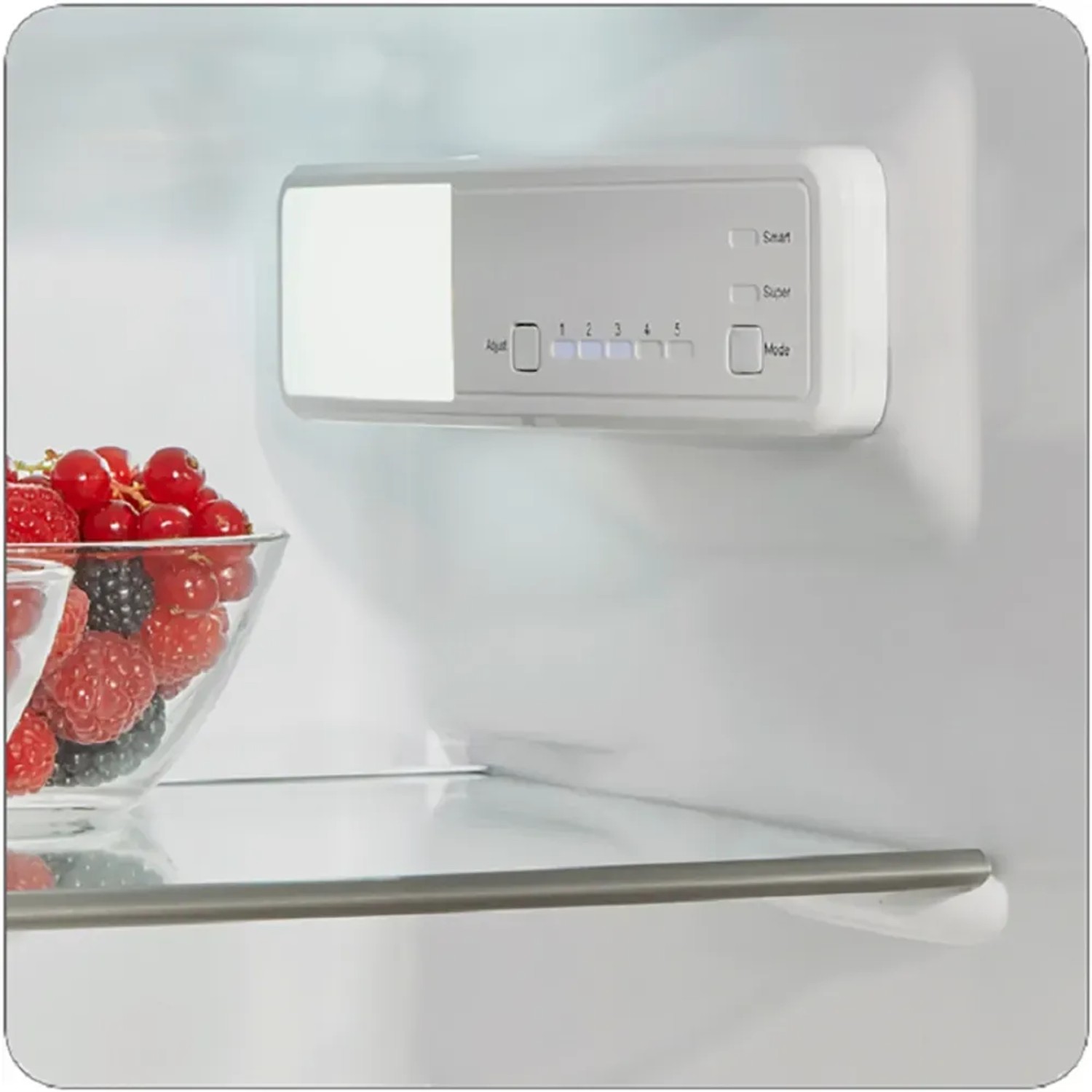 Innenansicht Wolkenstein Einbaukühlschrank: LED-Beleuchtung, Bedienelemente, Glasablage mit Beeren.