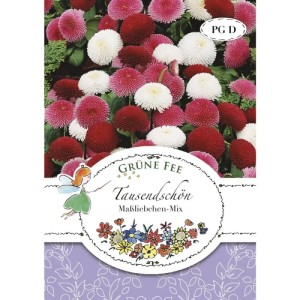 Grüne Fee Tausendschön Maßliebchen-Mix Saatgut. Packung mit weißen, rosa, roten Bellis perennis Blüten.