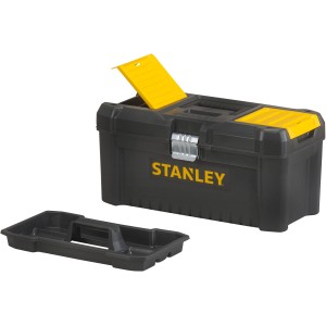 Stanley Werkzeugkoffer Essential 16 Zoll mit Metallschnallen, herausnehmbarem Trageeinsatz und Organizer im Deckel.