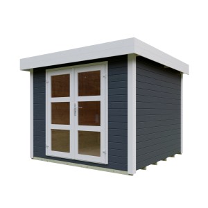 Modernes, anthrazitfarbenes Kiehn-Holz Gartenhaus mit Doppeltür und weißen Akzenten.