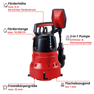 Einhell GC-DP 6935 LL Schmutzwasserpumpe: 2-in-1 Pumpe für Klar- und Schmutzwasser, flachabsaugend bis 1 mm.