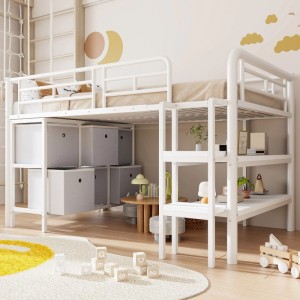 Weißes Metall Hochbett 90x200cm mit Stauraum und breiter Treppe. Ideal für Kinderzimmer.