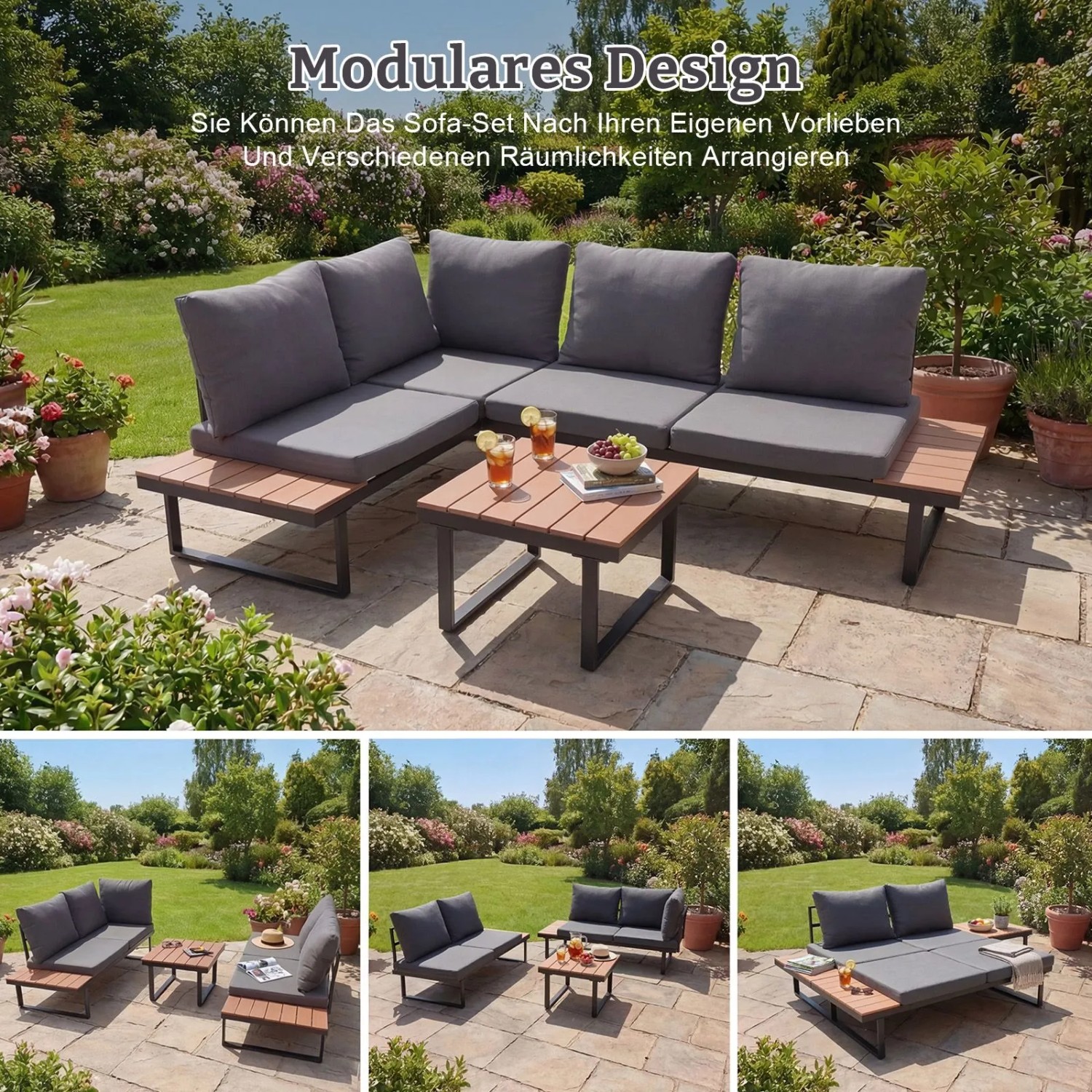 HOMAVO Gartenlounge-Set für 4 Personen mit Couchtisch und wasserfesten Abdeckungen.