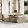 Beige 9-teilige Garten-Sofagarnitur aus Polyrattan mit Kissen und Tisch mit Hubfunktion.
