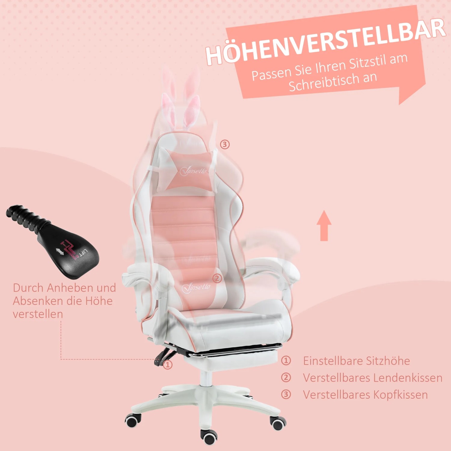Rosa Gaming-Stuhl mit Hasenohren, Kunstleder, höhenverstellbar und mit Fußstütze.