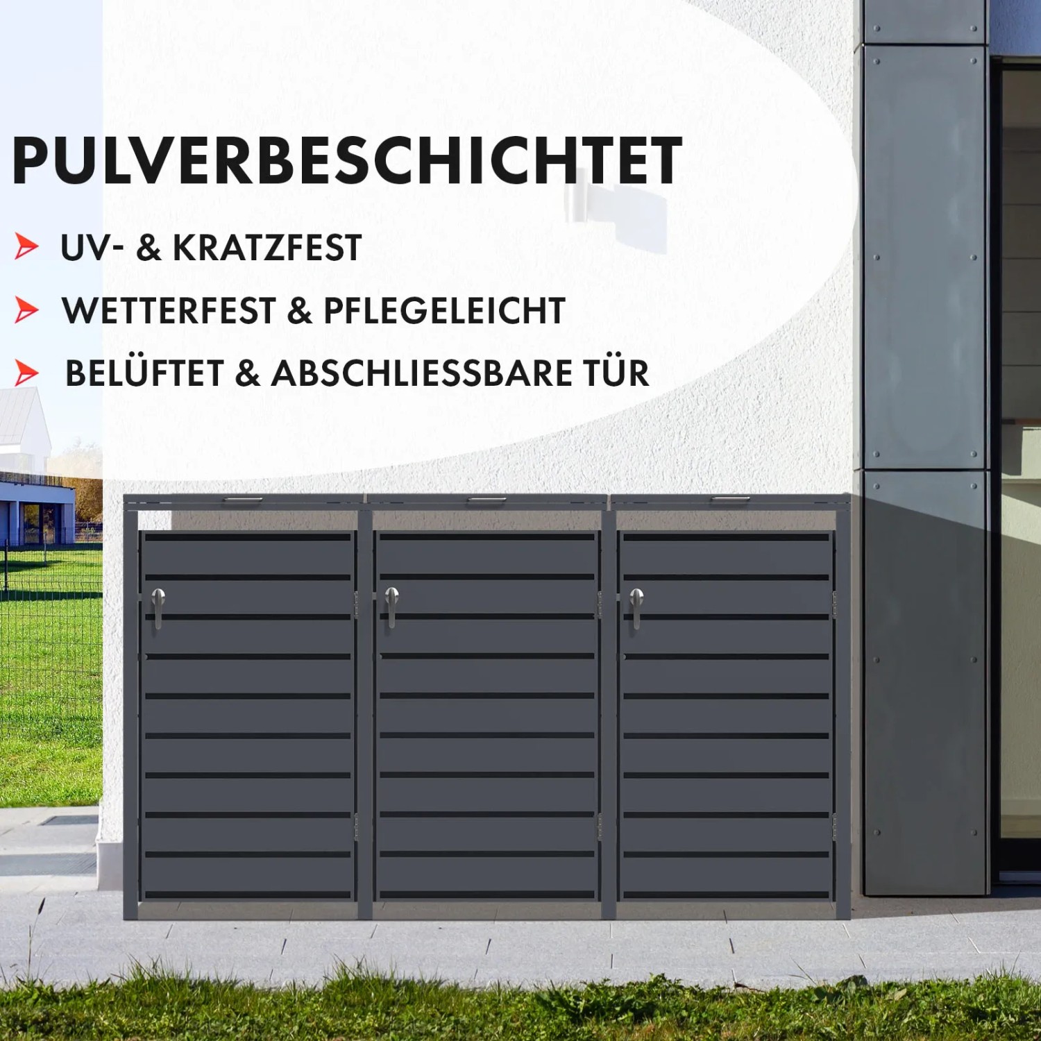 KARAT Mülltonnenbox Magnus mit 3 Türen und Edelstahlrahmen vor einer Hauswand.