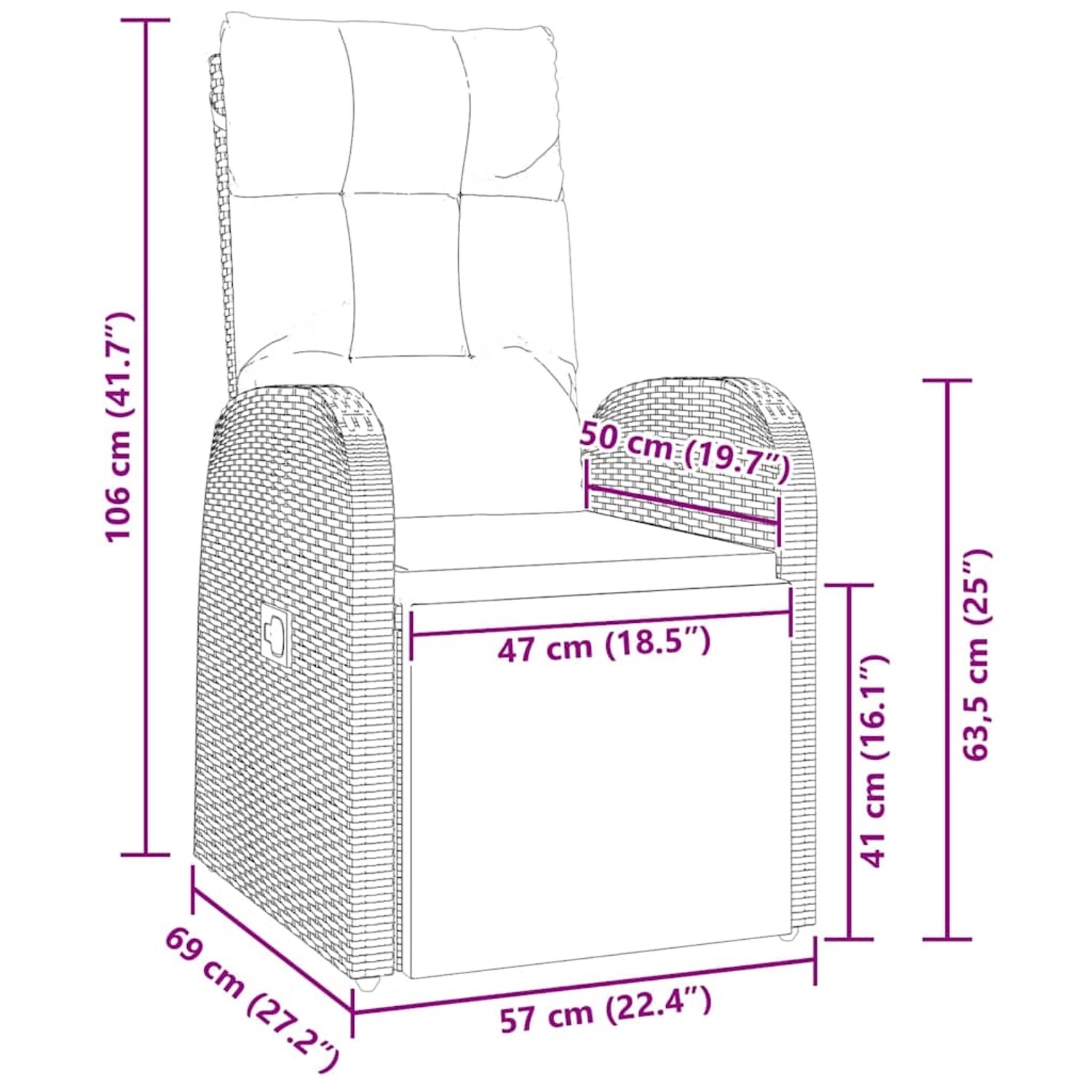 vidaXL Garten Essgruppe, 3-teilig, schwarz, Poly Rattan, Maße eingezeichnet.